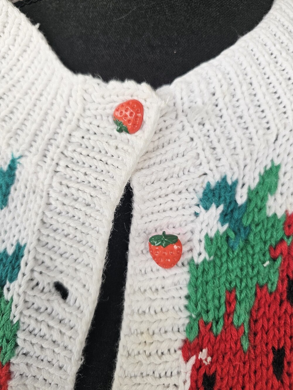 Vintage Strawberry Print White Knit Cardigan Sweater - Picture 2 of 8